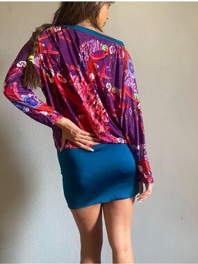 Y2K Custo Barcelona "Lip Shine" Mini Dress;Batwing sleeves graphic pop art. Sz:S